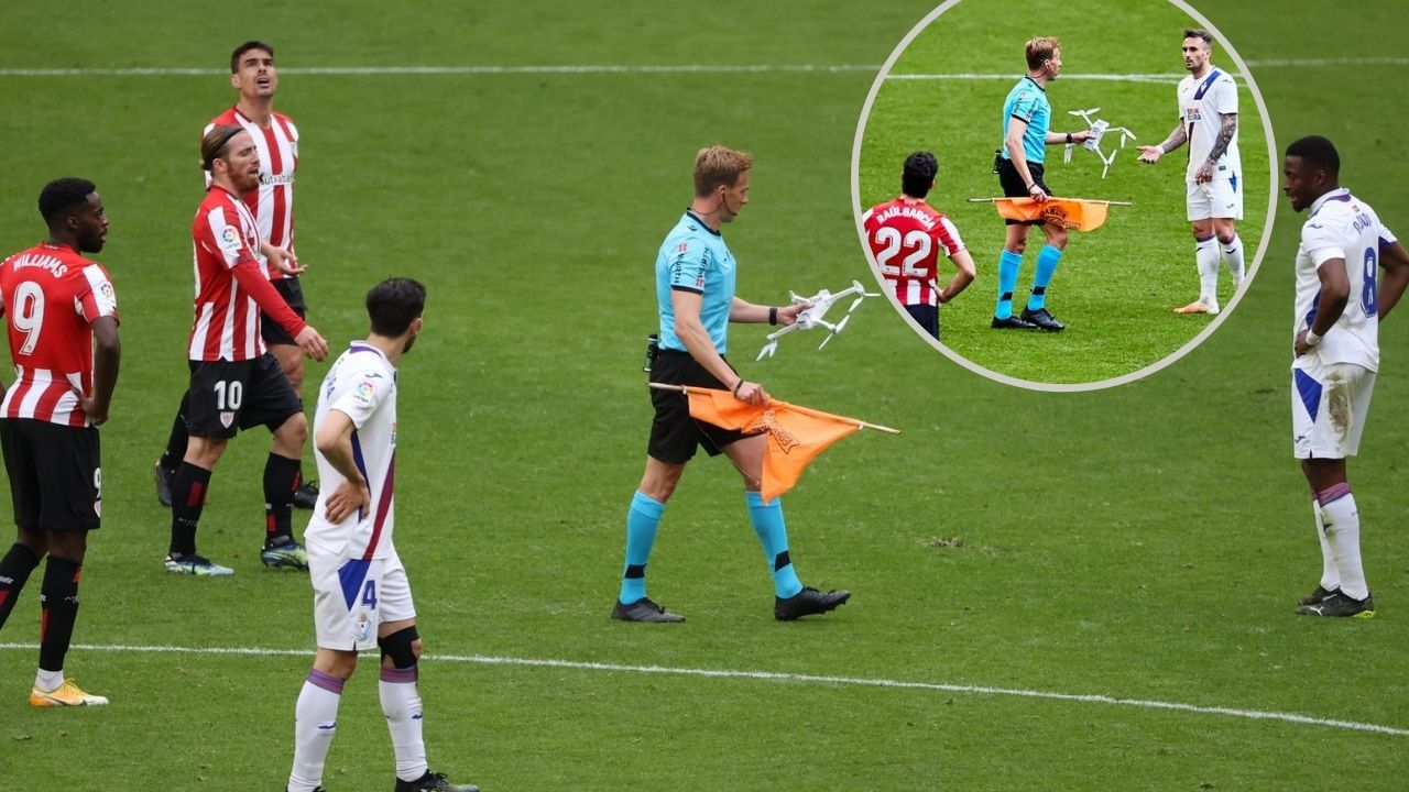 Un dron aterriza en pleno partido de la Liga Española