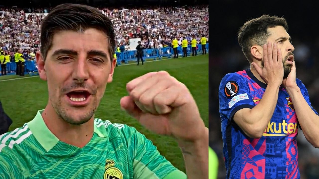 Thibaut Courtois se burla del Barcelona en plena celebración de la nueva copa del Real Madrid