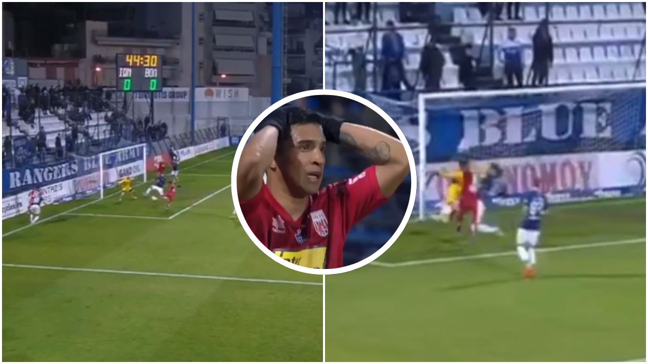 Michaell Chirinos a punto de marcar su primer golazo en el fútbol de Grecia