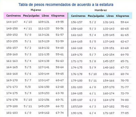 Tabla de peso ideal según la altura de la persona. Foto: Internet