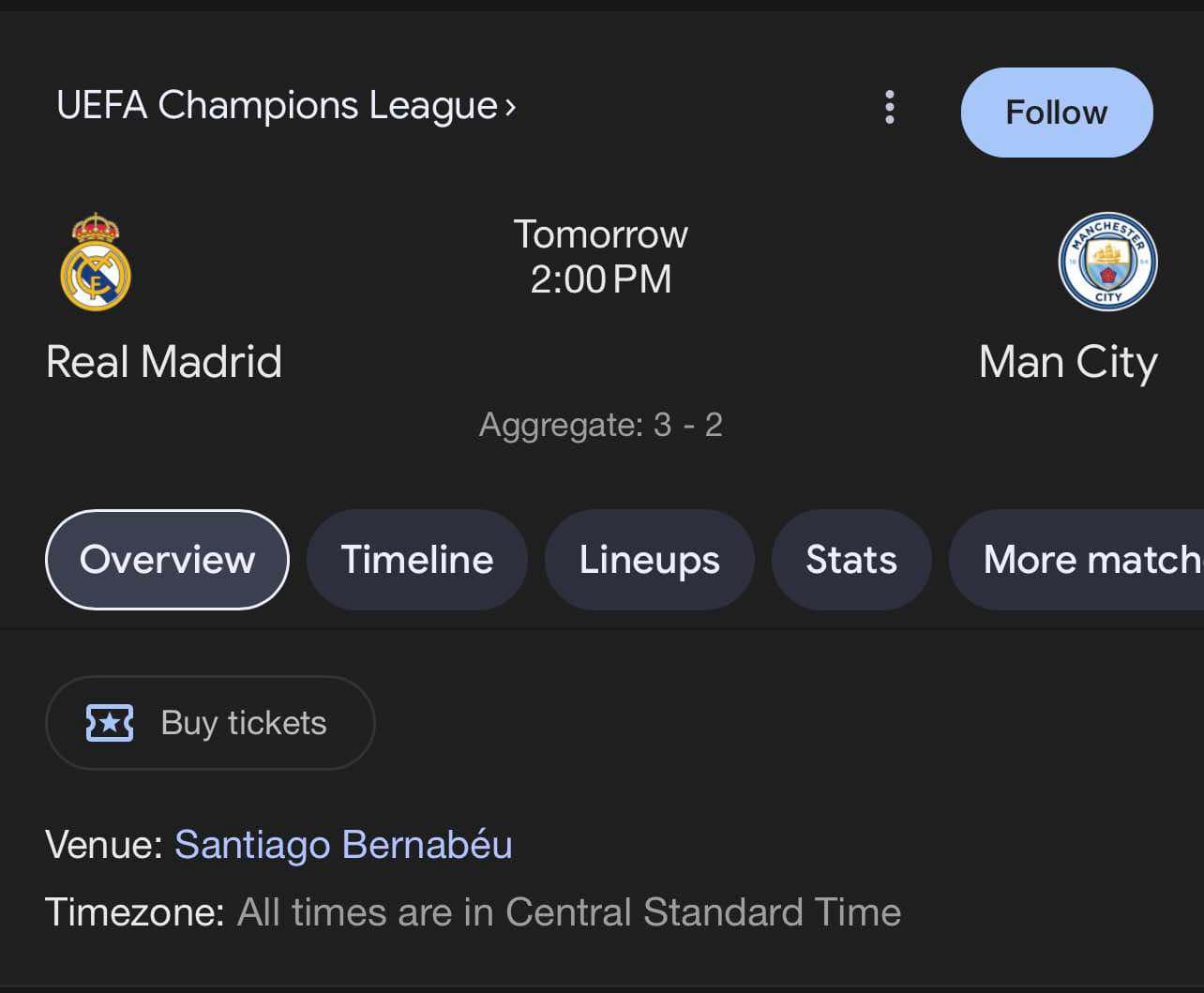 En este horario se jugara el encuentro el Real Madrid y el Manchester City