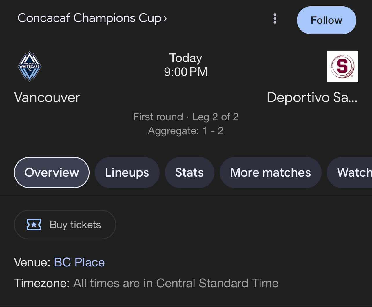 Horario de el partido entre Saprissa y el Vancouver Whitecaps
