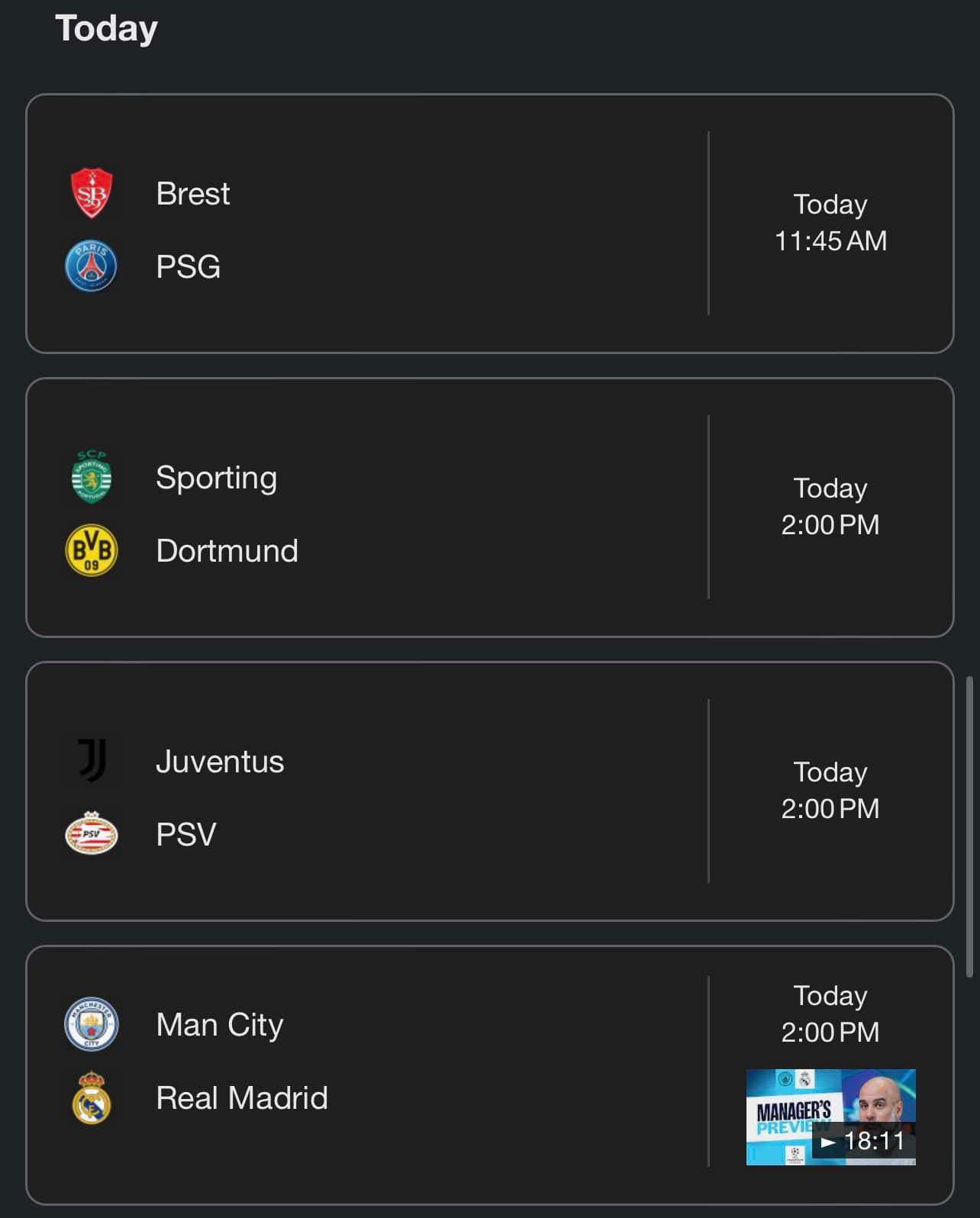 Horarios de los partidos de champions league