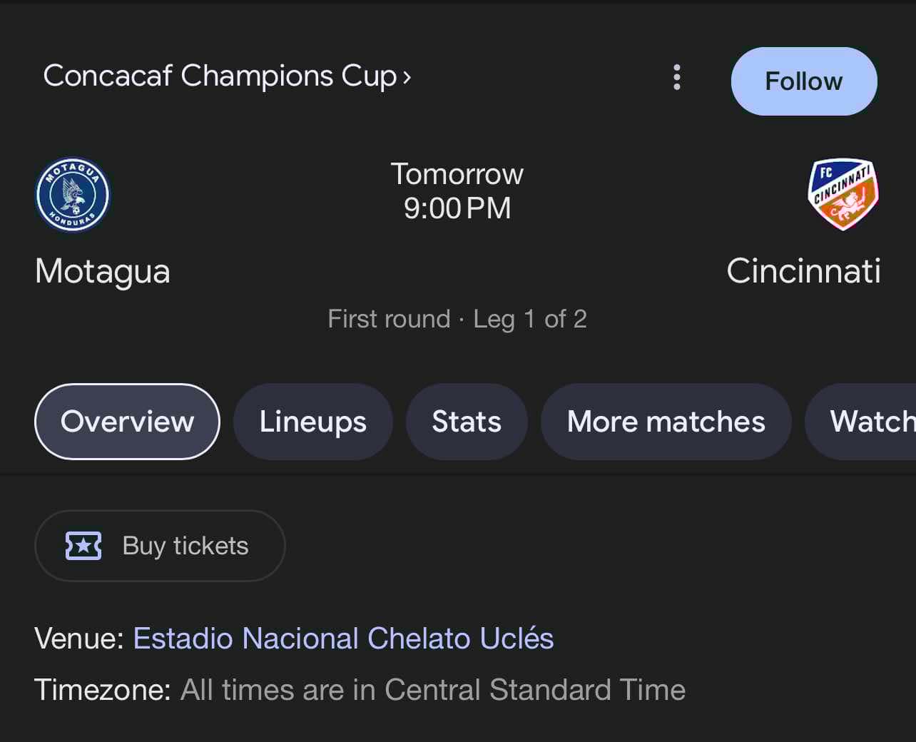Motagua vs Cincinnati horario