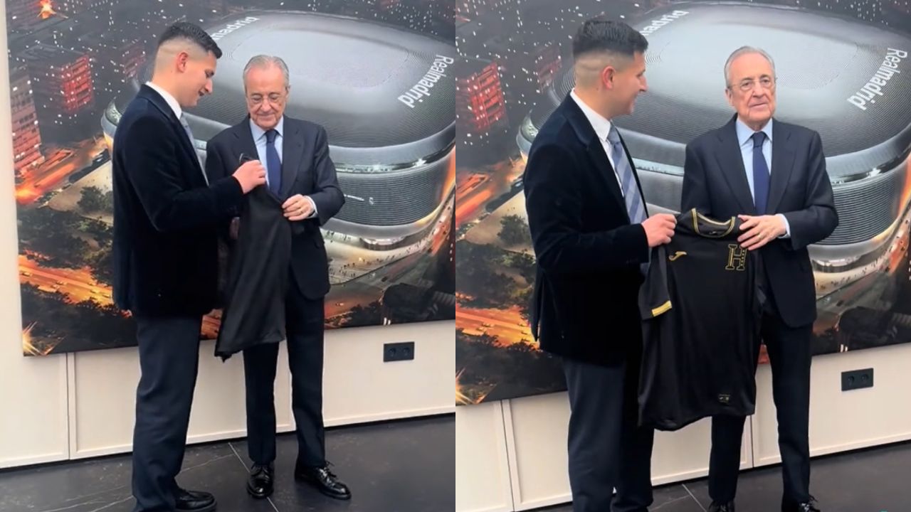 Hondureño regala camisa de la Selección Nacional a Florentino Pérez en Madrid