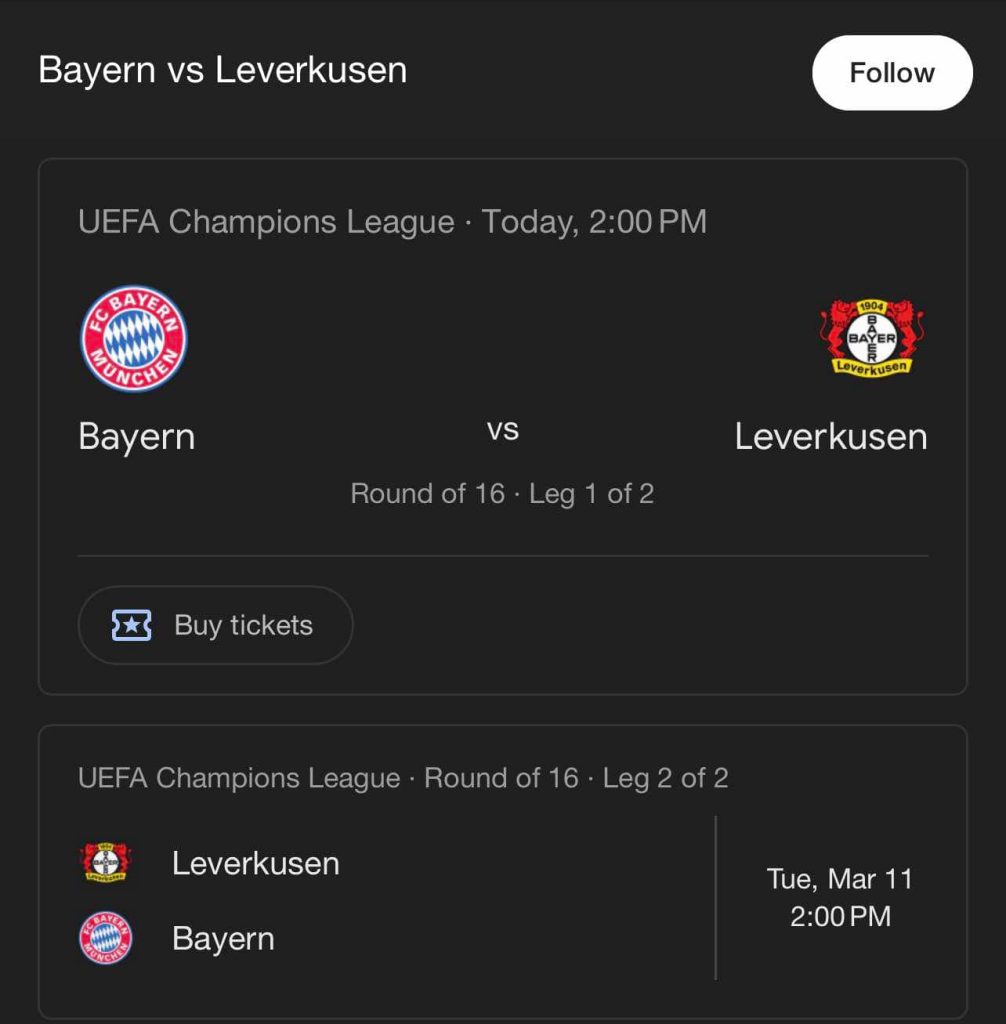 Horario entre el Bayern de Múnich y Bayern Leverkusen