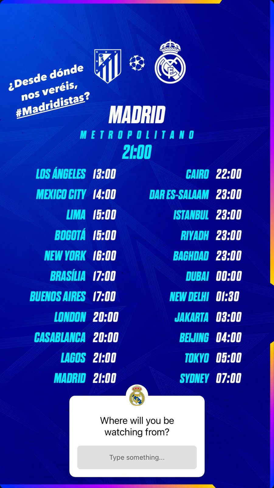 Horarios de el partido entre el Real Madrid y Atlético de Madrid.
