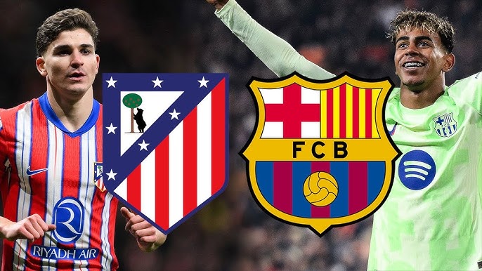 Julián Alvarez junto al escudo del Atlético de Madrid y Lamine Yamal junto al escudo del Barcelona