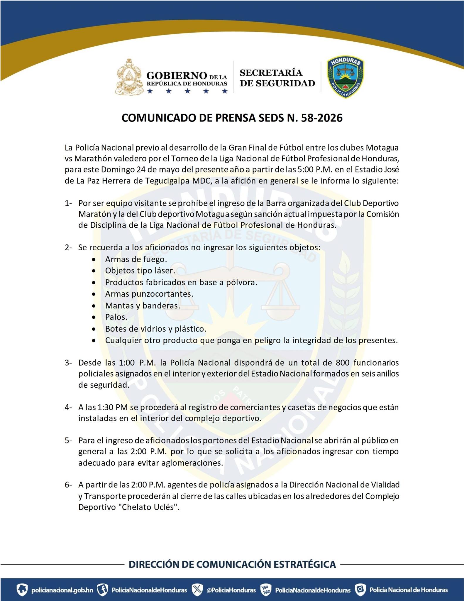 Policía Nacional confirma medidas de seguridad para Gran Final de vuelta