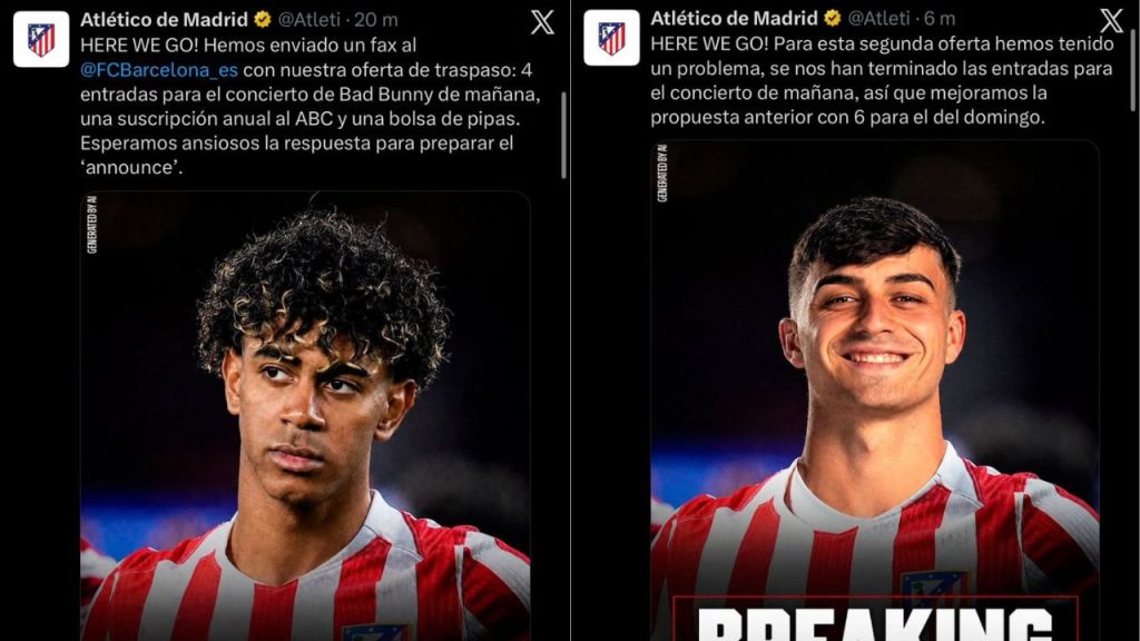 El equipo colchonero utilizó las imagenes de Lamine Yamal y Pedri para burlarse del cuadro culé. Foto: Cortesía