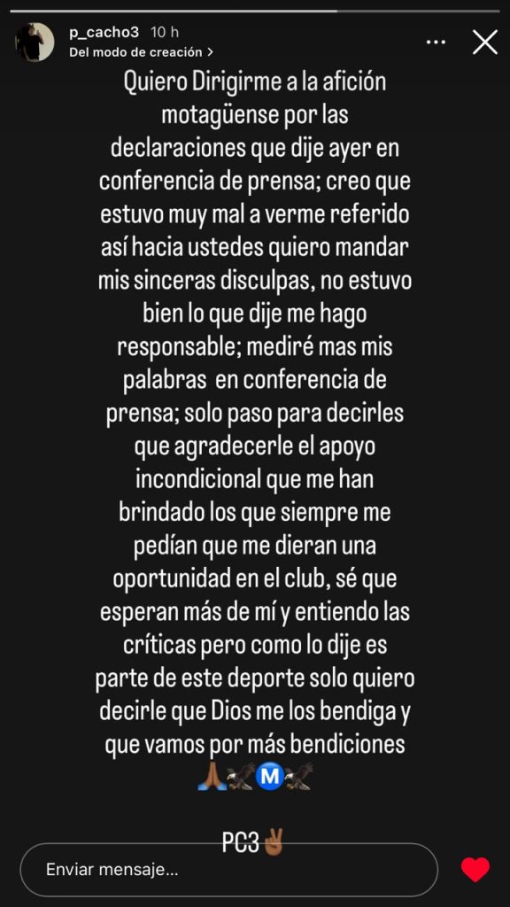 El mensaje de Pablo Cacho para pedir disculpas a la afición de Motagua. Foto: Captura de pantalla
